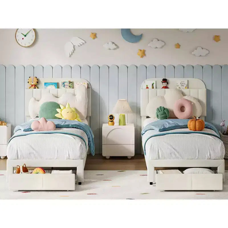 Cadre de lit jumeau Coolmee pour enfants, lit plateforme rembourré avec grand tiroir de rangement et tête de lit bibliothèque, lit pour garçons, silencieux, montage facile