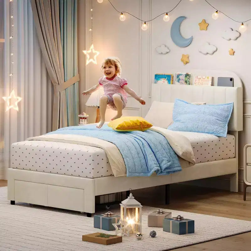 Cadre de lit jumeau Coolmee pour enfants, lit plateforme rembourré avec grand tiroir de rangement et tête de lit bibliothèque, lit pour garçons, silencieux, montage facile