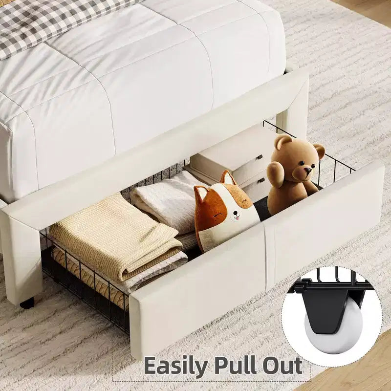 Cadre de lit jumeau Coolmee pour enfants, lit plateforme rembourré avec grand tiroir de rangement et tête de lit bibliothèque, lit pour garçons, silencieux, montage facile