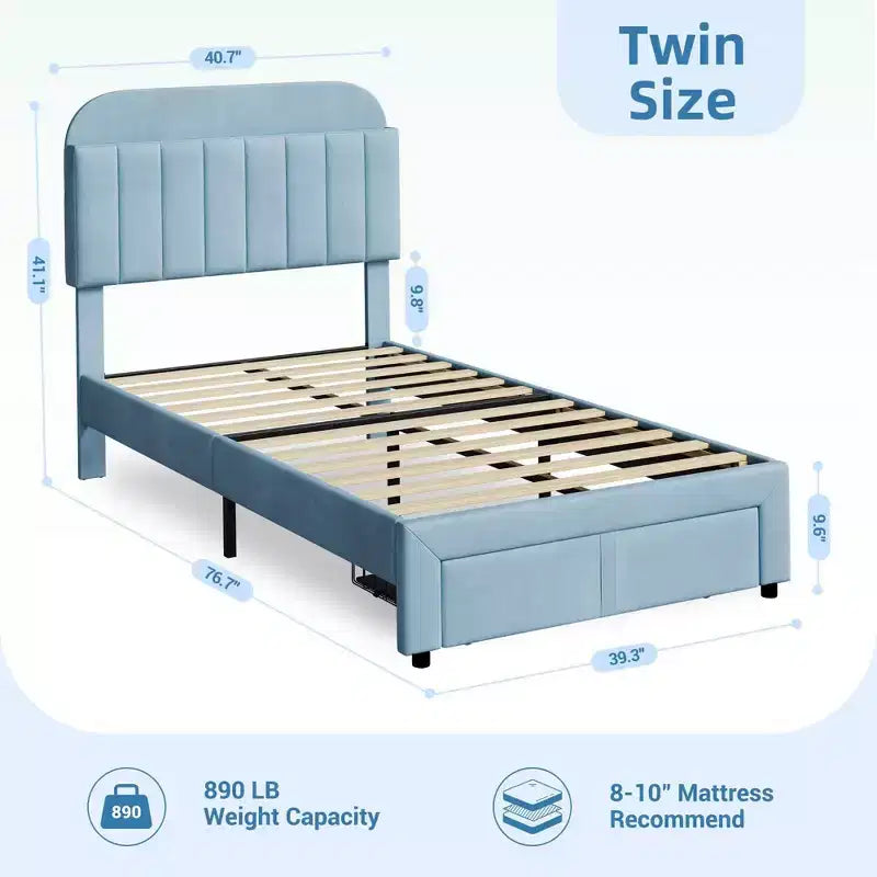 Cadre de lit jumeau Coolmee pour enfants, lit plateforme rembourré avec grand tiroir de rangement et tête de lit bibliothèque, lit pour garçons, silencieux, montage facile