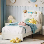 Coolmee Twin Bed Frame for Kids, Upholstered Platform Bed with Large Storage Drawer and Bookcase Headboard, Boys Bed, Noise-Free, Easy Assembly