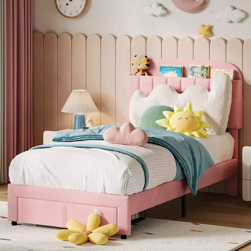 Cadre de lit jumeau Coolmee pour enfants, lit plateforme rembourré avec grand tiroir de rangement et tête de lit bibliothèque, lit pour garçons, silencieux, montage facile