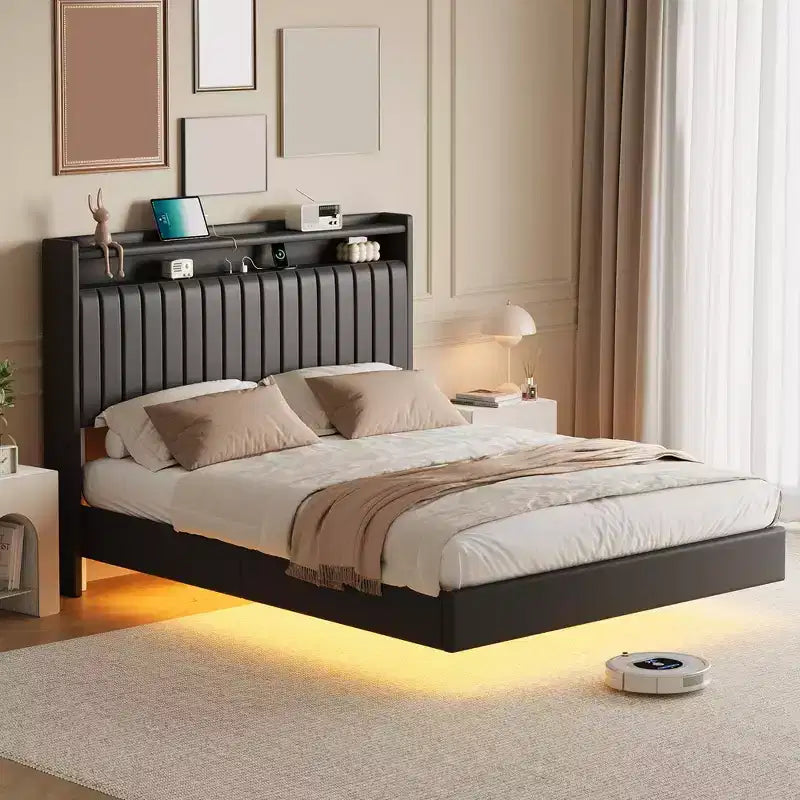 Coolmee Full/Queen Size Floating Bed Frame with RGB LED Lights and Charging Station, Upholstered Platform Bed with Storage Headboard