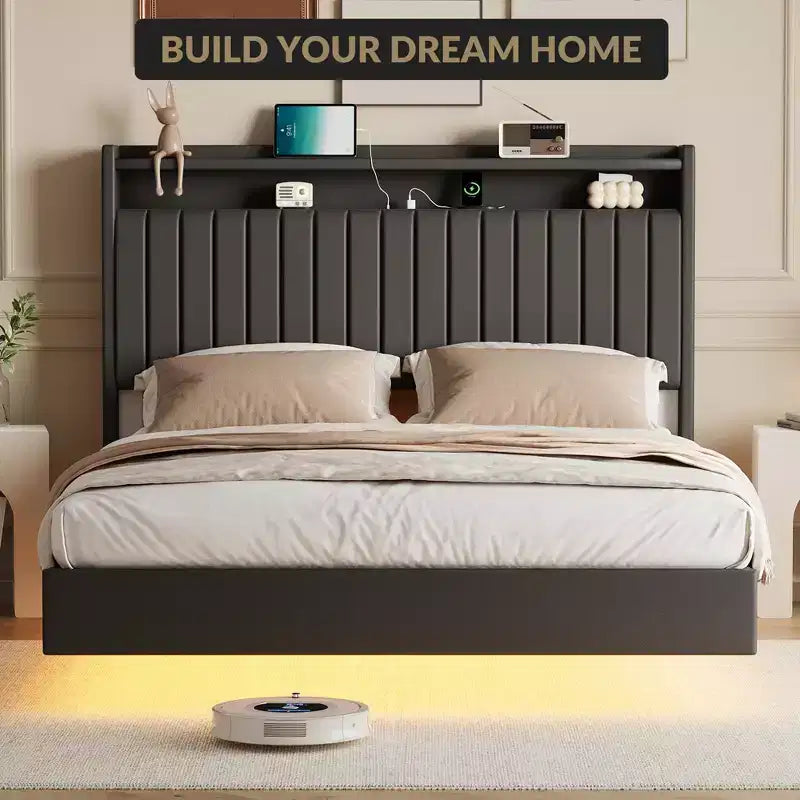 Lit plateforme Coolmee pleine/grande taille avec lumières LED RGB et station de recharge, lit rembourré avec tête de lit de rangement