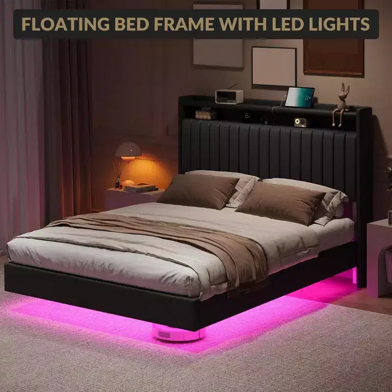 Lit plateforme Coolmee pleine/grande taille avec lumières LED RGB et station de recharge, lit rembourré avec tête de lit de rangement