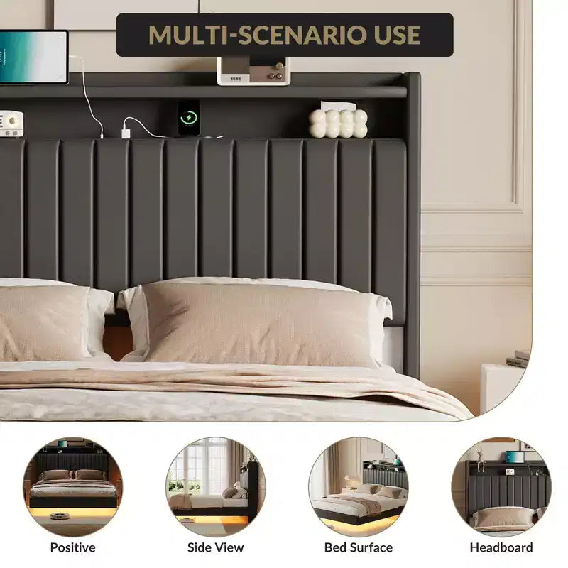 Lit plateforme Coolmee pleine/grande taille avec lumières LED RGB et station de recharge, lit rembourré avec tête de lit de rangement