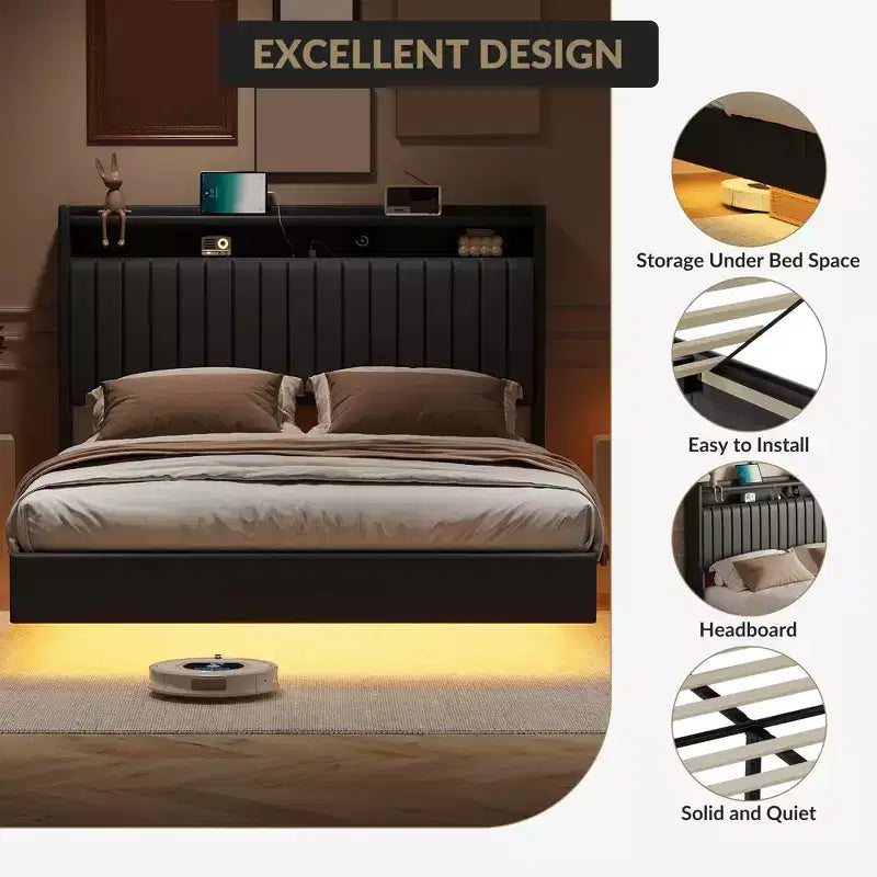 Lit plateforme Coolmee pleine/grande taille avec lumières LED RGB et station de recharge, lit rembourré avec tête de lit de rangement