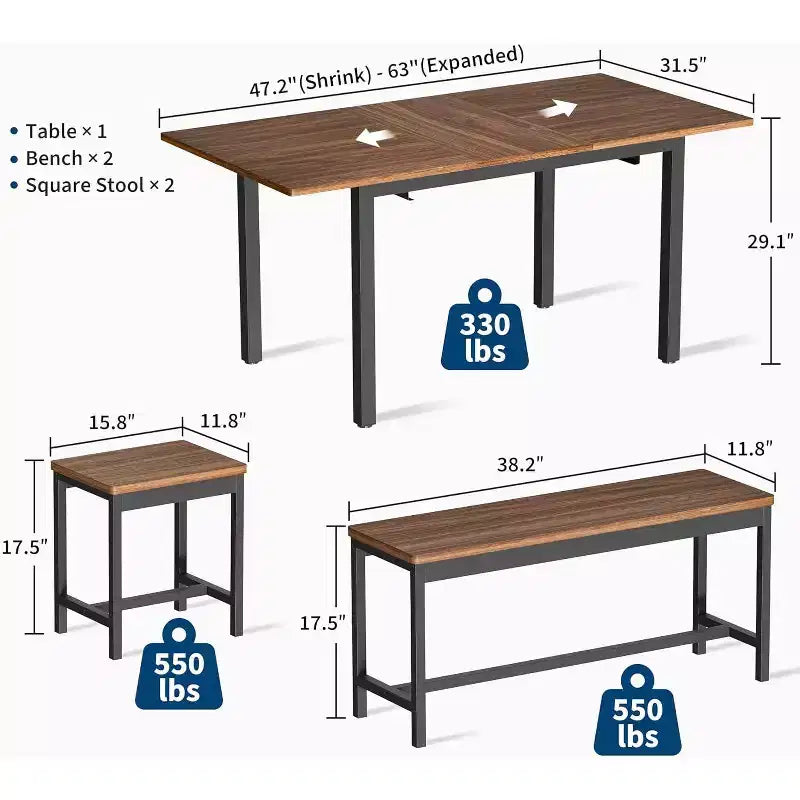 Grand ensemble de table de cuisine extensible de 47,2 po, avec 2 bancs et 2 tabourets carrés