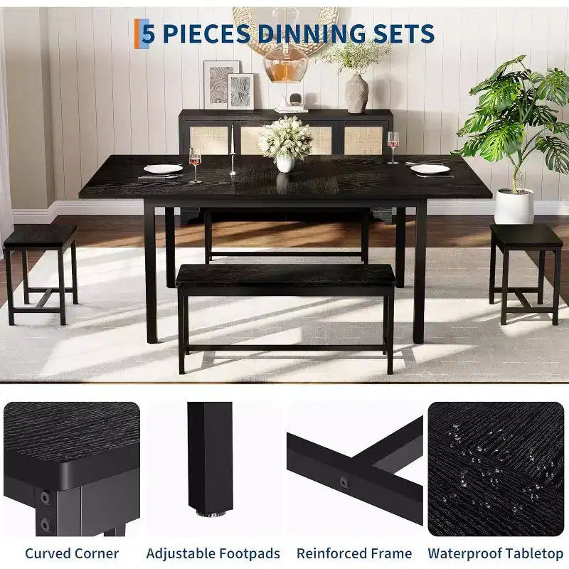 Grand ensemble de table de cuisine extensible de 47,2 po, avec 2 bancs et 2 tabourets carrés