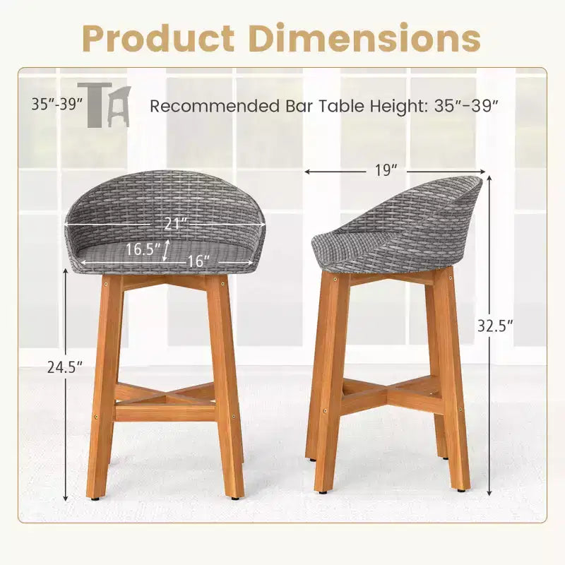 Costway Chaises de bar d'extérieur en rotin synthétique, lot de 2/4 tabourets de bar en bois d'acacia massif pour porche, marron/gris