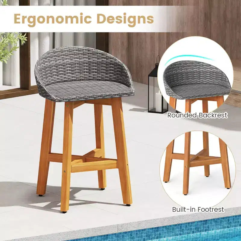 Costway Chaises de bar d'extérieur en rotin synthétique, lot de 2/4 tabourets de bar en bois d'acacia massif pour porche, marron/gris