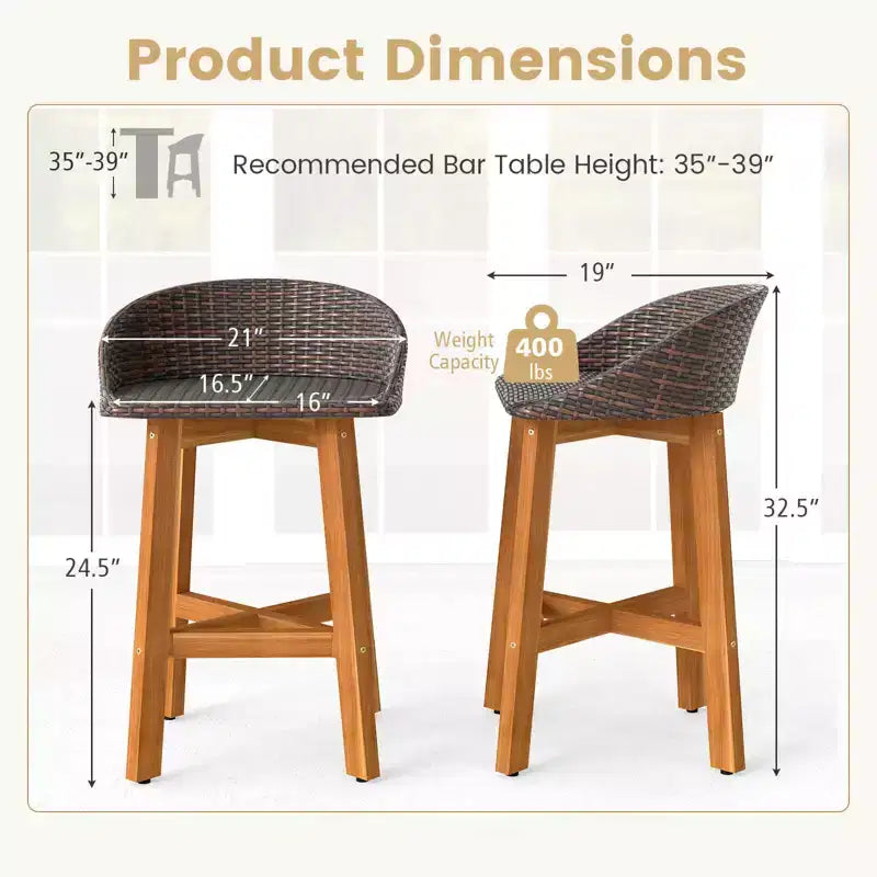 Costway Chaises de bar d'extérieur en rotin synthétique, lot de 2/4 tabourets de bar en bois d'acacia massif pour porche, marron/gris