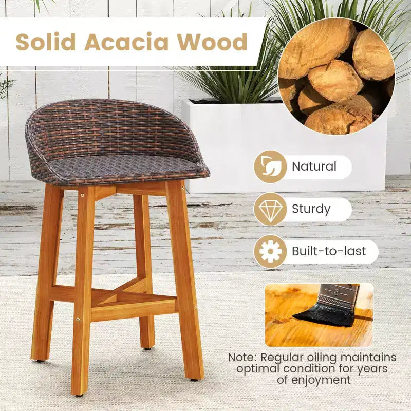 Costway Chaises de bar d'extérieur en rotin synthétique, lot de 2/4 tabourets de bar en bois d'acacia massif pour porche, marron/gris