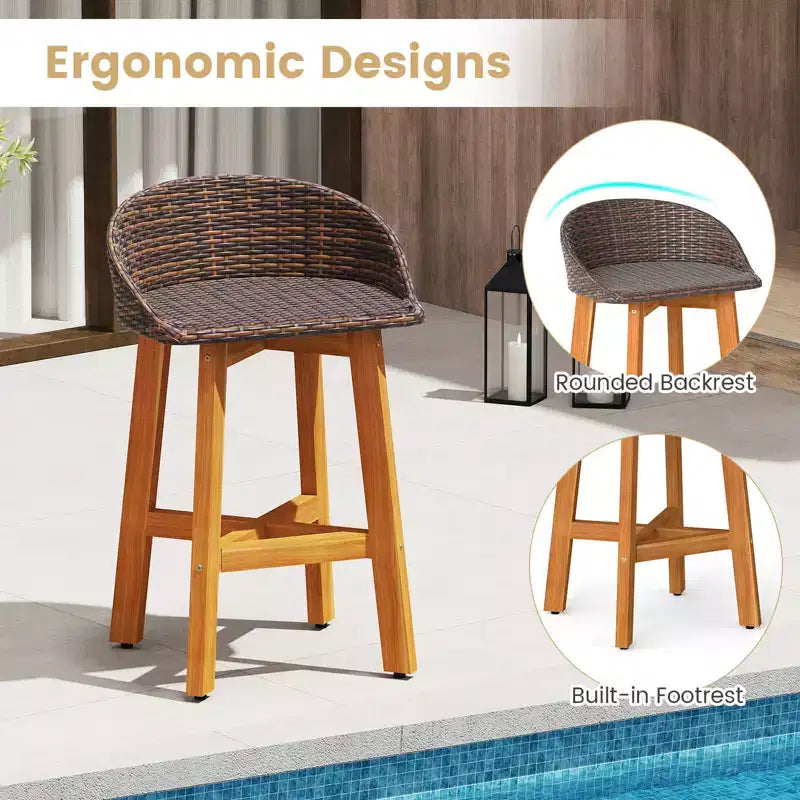 Costway Chaises de bar d'extérieur en rotin synthétique, lot de 2/4 tabourets de bar en bois d'acacia massif pour porche, marron/gris