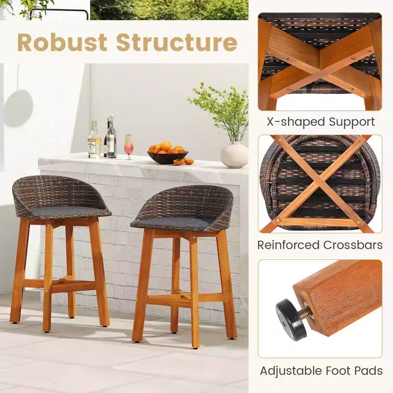Costway Chaises de bar d'extérieur en rotin synthétique, lot de 2/4 tabourets de bar en bois d'acacia massif pour porche, marron/gris