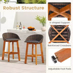 Costway Chaises de bar d'extérieur en rotin synthétique, lot de 2/4 tabourets de bar en bois d'acacia massif pour porche, marron/gris
