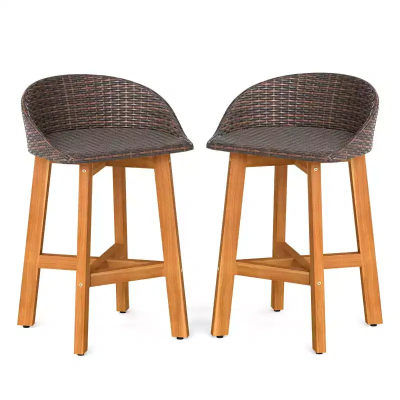 Costway Outdoor Faux Rattan Bar Chairs Set of 2/4 Solid Acacia Wood Bar Stools for Porch Brown/Gray