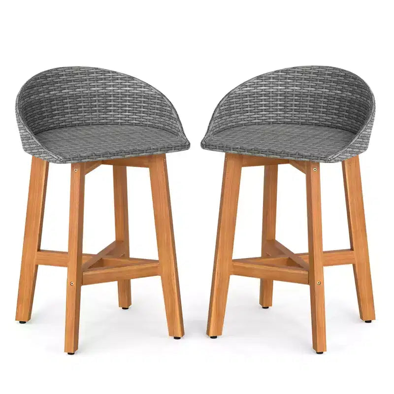 Costway Chaises de bar d'extérieur en rotin synthétique, lot de 2/4 tabourets de bar en bois d'acacia massif pour porche, marron/gris
