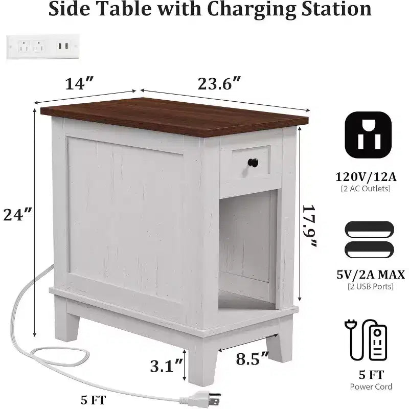 Acekool Table d'appoint étroite avec station de charge, ensemble de 2 petites tables d'appoint de ferme avec tiroir de rangement, ports USB et prises CA, table de chevet
