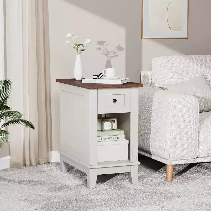 Acekool Table d'appoint étroite avec station de charge, ensemble de 2 petites tables d'appoint de ferme avec tiroir de rangement, ports USB et prises CA, table de chevet