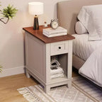 Acekool Table d'appoint étroite avec station de charge, ensemble de 2 petites tables d'appoint de ferme avec tiroir de rangement, ports USB et prises CA, table de chevet