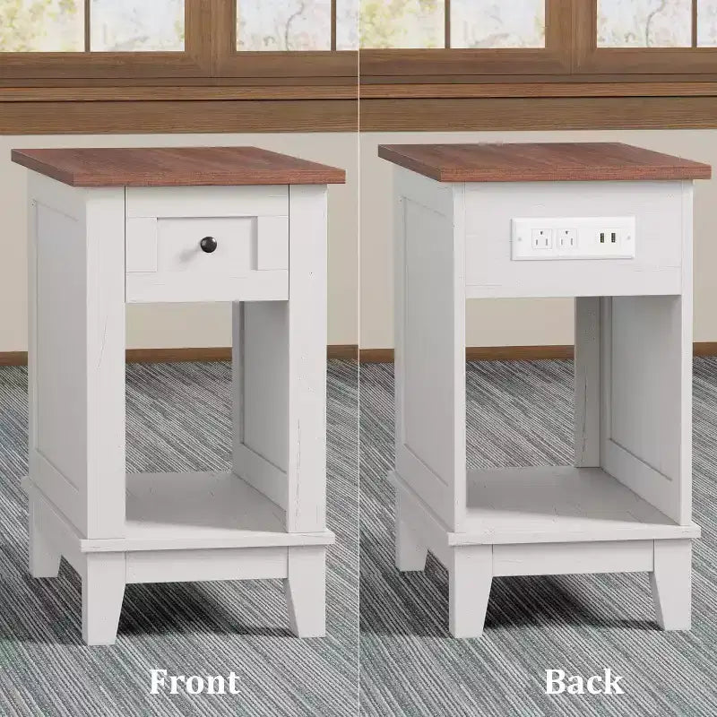 Acekool Table d'appoint étroite avec station de charge, ensemble de 2 petites tables d'appoint de ferme avec tiroir de rangement, ports USB et prises CA, table de chevet