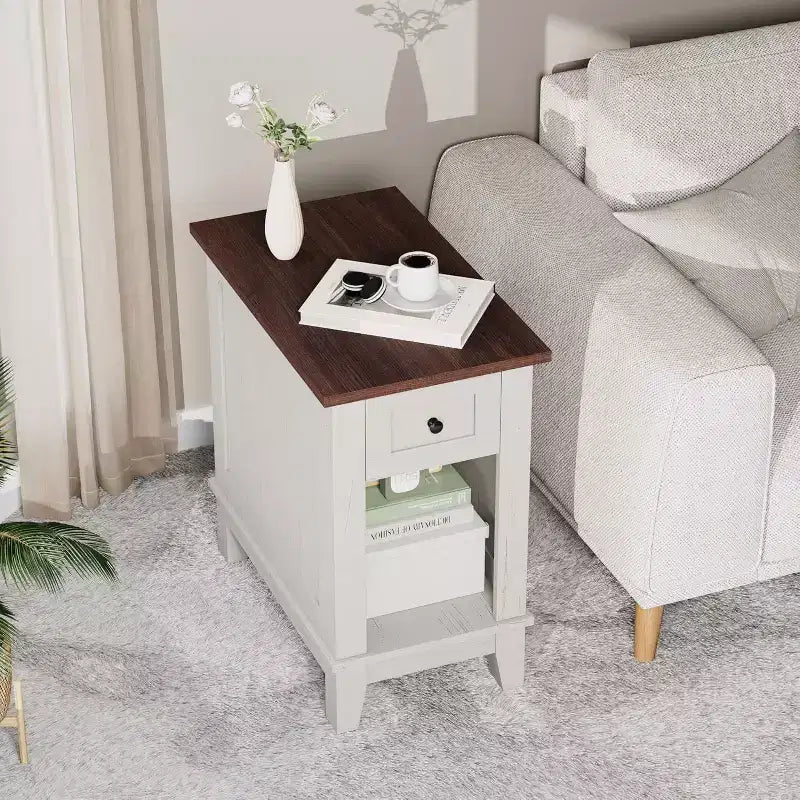 Acekool Table d'appoint étroite avec station de charge, ensemble de 2 petites tables d'appoint de ferme avec tiroir de rangement, ports USB et prises CA, table de chevet