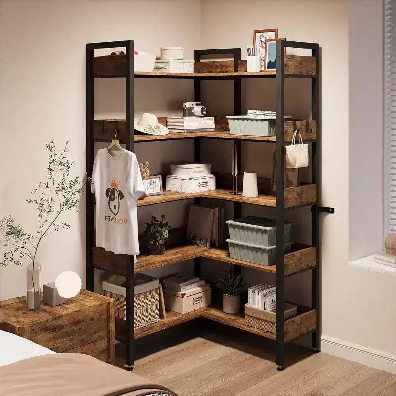 Étagère d'angle à 5 niveaux, Bibliothèque modulable, Étagère de rangement industrielle en métal avec étagères ouvertes pour salon, chambre, bureau à domicile