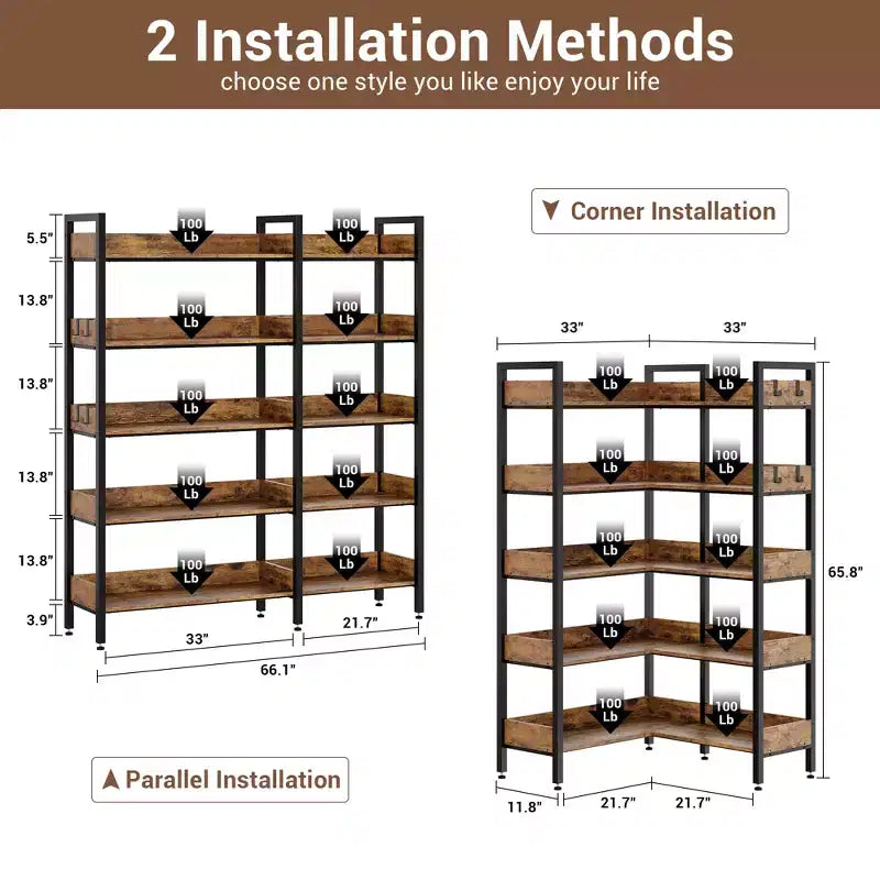 Étagère d'angle à 5 niveaux, Bibliothèque modulable, Étagère de rangement industrielle en métal avec étagères ouvertes pour salon, chambre, bureau à domicile