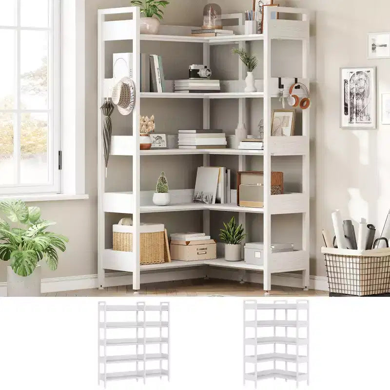 Étagère d'angle à 5 niveaux, Bibliothèque modulable, Étagère de rangement industrielle en métal avec étagères ouvertes pour salon, chambre, bureau à domicile