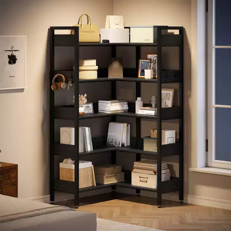 Étagère d'angle à 5 niveaux, Bibliothèque modulable, Étagère de rangement industrielle en métal avec étagères ouvertes pour salon, chambre, bureau à domicile