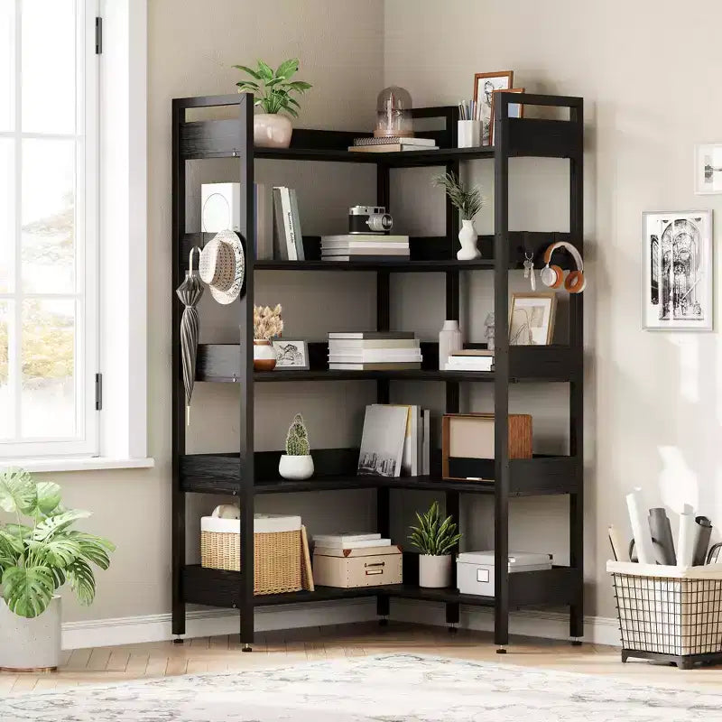 Étagère d'angle à 5 niveaux, Bibliothèque modulable, Étagère de rangement industrielle en métal avec étagères ouvertes pour salon, chambre, bureau à domicile