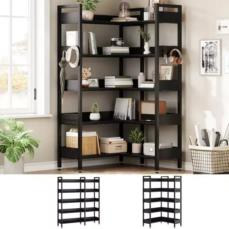 Étagère d'angle à 5 niveaux, Bibliothèque modulable, Étagère de rangement industrielle en métal avec étagères ouvertes pour salon, chambre, bureau à domicile