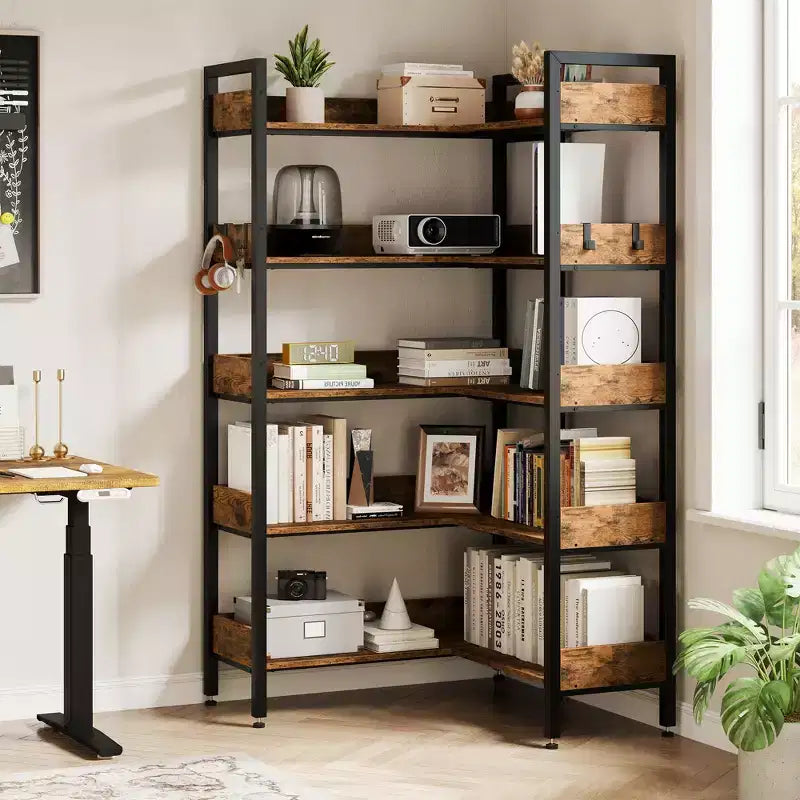 Étagère d'angle à 5 niveaux, Bibliothèque modulable, Étagère de rangement industrielle en métal avec étagères ouvertes pour salon, chambre, bureau à domicile