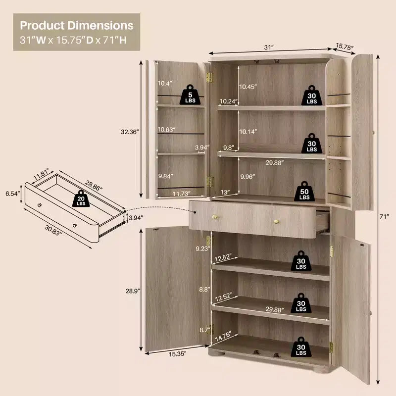 Grand garde-manger de cuisine de 71 po, armoires de rangement de cuisine modernes avec 4 portes et 6 étagères réglables, meuble de cuisine incurvé en bois