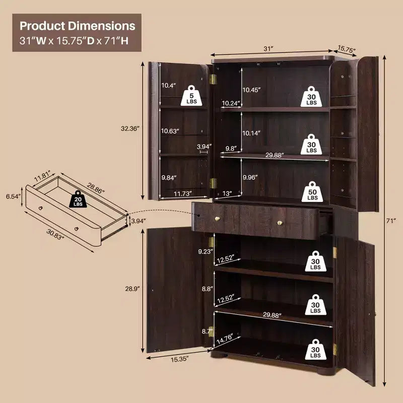 Grand garde-manger de cuisine de 71 po, armoires de rangement de cuisine modernes avec 4 portes et 6 étagères réglables, meuble de cuisine incurvé en bois