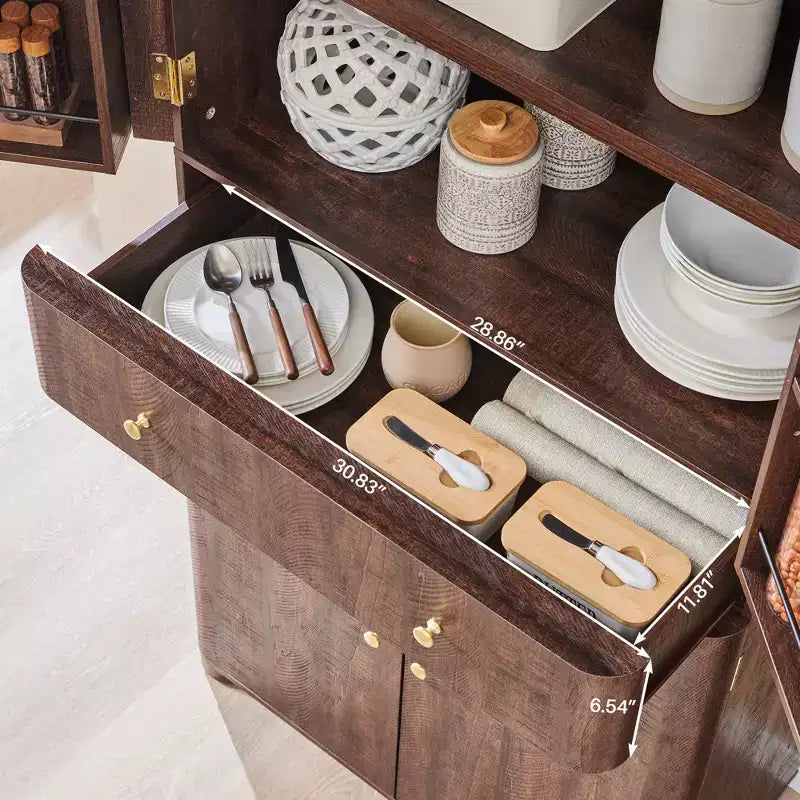 Grand garde-manger de cuisine de 71 po, armoires de rangement de cuisine modernes avec 4 portes et 6 étagères réglables, meuble de cuisine incurvé en bois