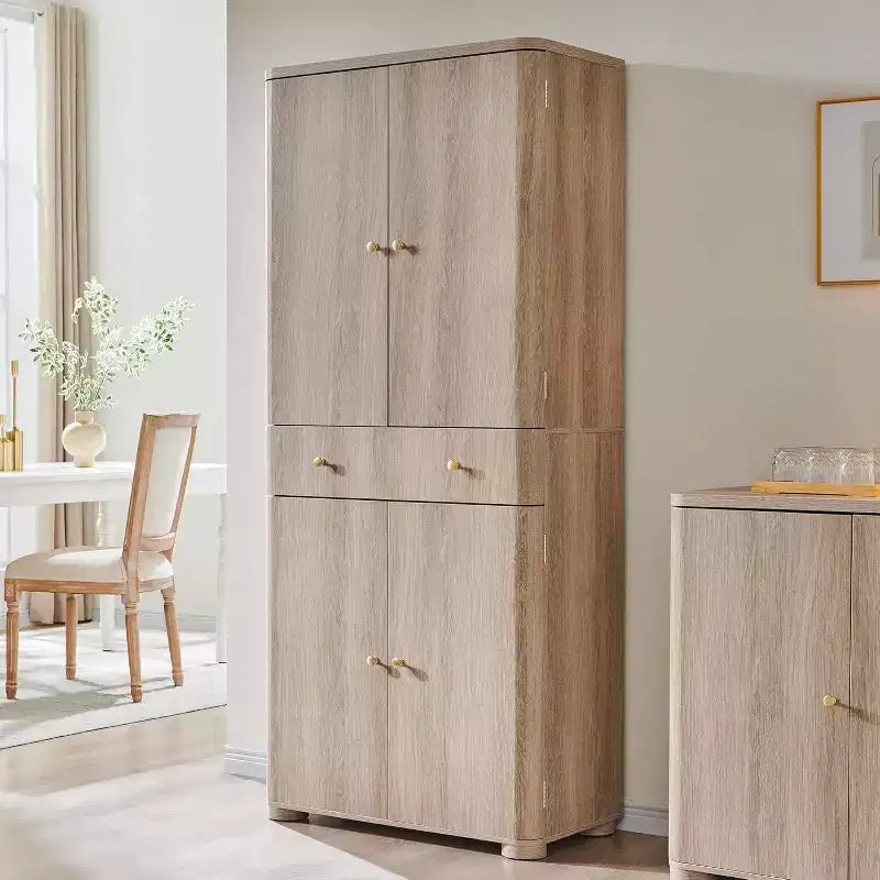 Grand garde-manger de cuisine de 71 po, armoires de rangement de cuisine modernes avec 4 portes et 6 étagères réglables, meuble de cuisine incurvé en bois