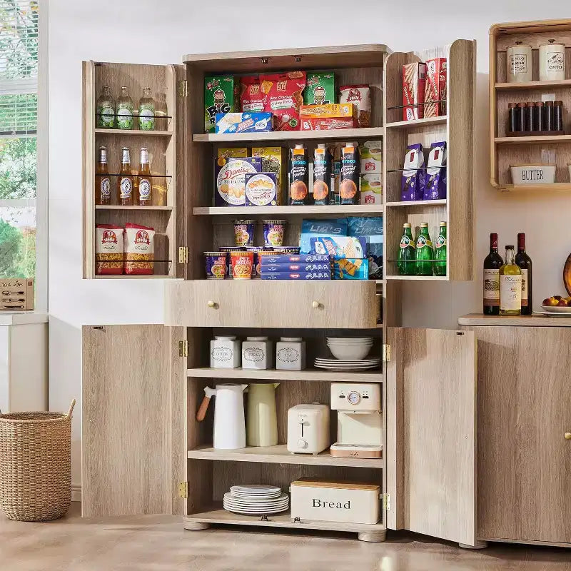 Grand garde-manger de cuisine de 71 po, armoires de rangement de cuisine modernes avec 4 portes et 6 étagères réglables, meuble de cuisine incurvé en bois