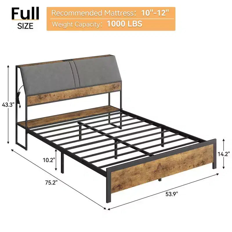 Coolmee Cadre de Lit Double/Queen Ergonomique avec Station de Recharge, Plateforme de Lit en Métal avec Tête de Lit Rangement et Rangement Sous le Lit