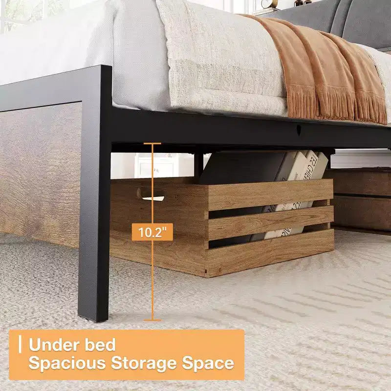 Coolmee Cadre de Lit Double/Queen Ergonomique avec Station de Recharge, Plateforme de Lit en Métal avec Tête de Lit Rangement et Rangement Sous le Lit