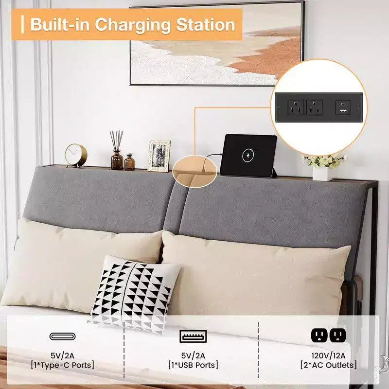 Coolmee Cadre de Lit Double/Queen Ergonomique avec Station de Recharge, Plateforme de Lit en Métal avec Tête de Lit Rangement et Rangement Sous le Lit