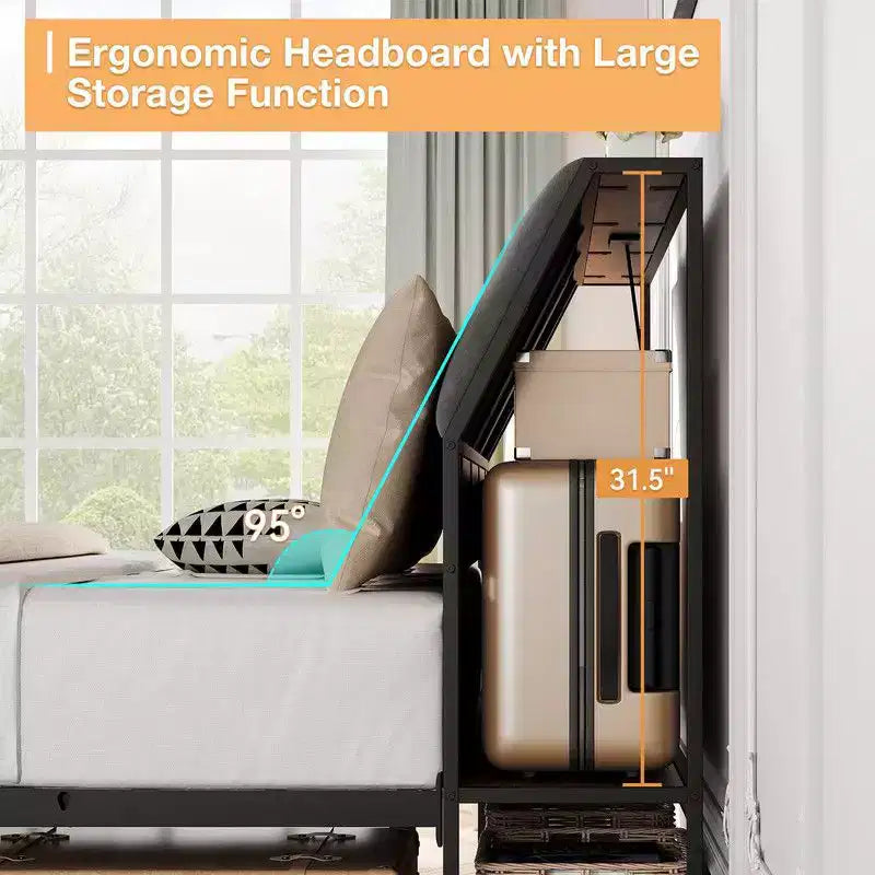 Coolmee Cadre de Lit Double/Queen Ergonomique avec Station de Recharge, Plateforme de Lit en Métal avec Tête de Lit Rangement et Rangement Sous le Lit