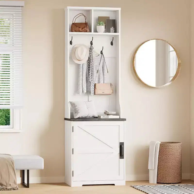 Meuble d'entrée étroit Acekool style ferme avec banc et rangement à chaussures, porte-manteaux, porte coulissante, petit organiseur d'entrée
