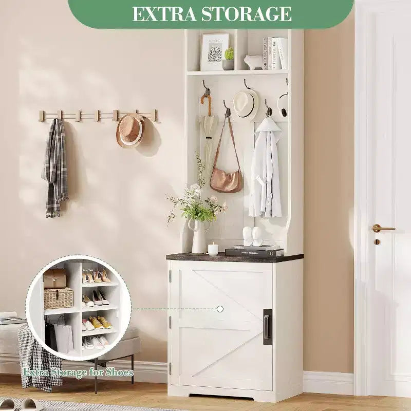 Meuble d'entrée étroit Acekool style ferme avec banc et rangement à chaussures, porte-manteaux, porte coulissante, petit organiseur d'entrée