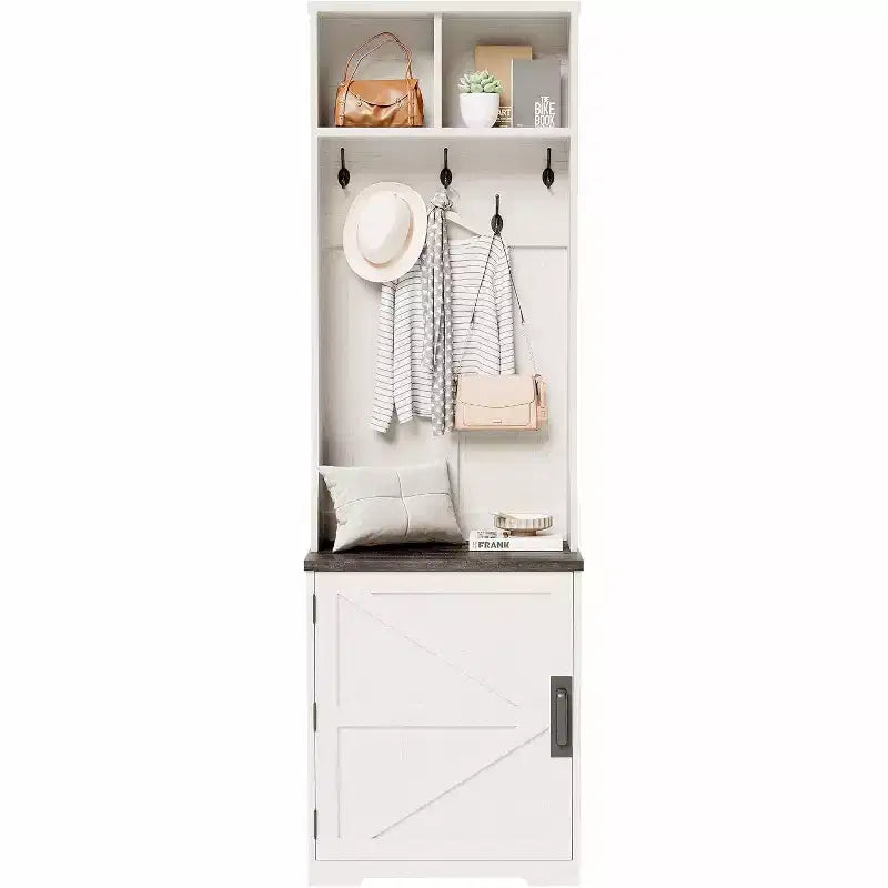 Meuble d'entrée étroit Acekool style ferme avec banc et rangement à chaussures, porte-manteaux, porte coulissante, petit organiseur d'entrée
