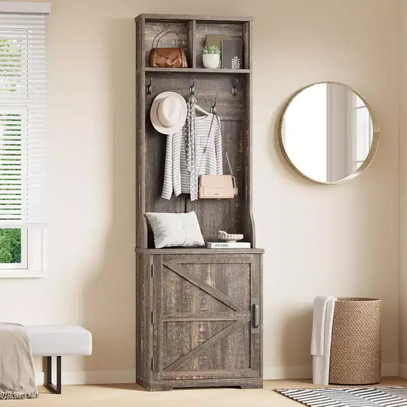 Meuble d'entrée étroit Acekool style ferme avec banc et rangement à chaussures, porte-manteaux, porte coulissante, petit organiseur d'entrée