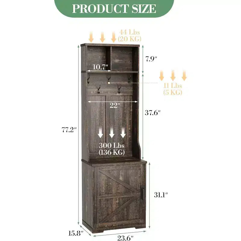 Meuble d'entrée étroit Acekool style ferme avec banc et rangement à chaussures, porte-manteaux, porte coulissante, petit organiseur d'entrée