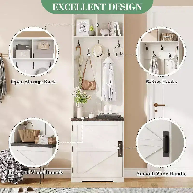 Meuble d'entrée étroit Acekool style ferme avec banc et rangement à chaussures, porte-manteaux, porte coulissante, petit organiseur d'entrée