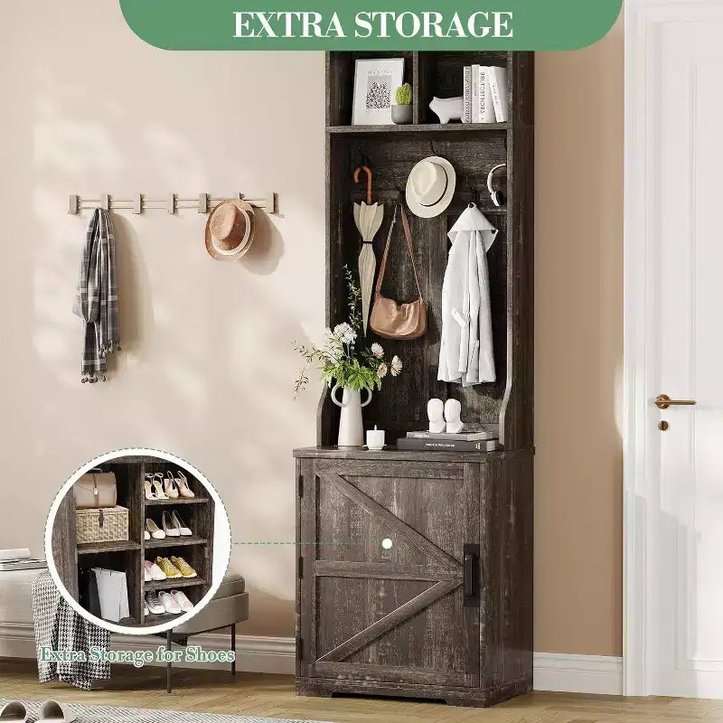Meuble d'entrée étroit Acekool style ferme avec banc et rangement à chaussures, porte-manteaux, porte coulissante, petit organiseur d'entrée